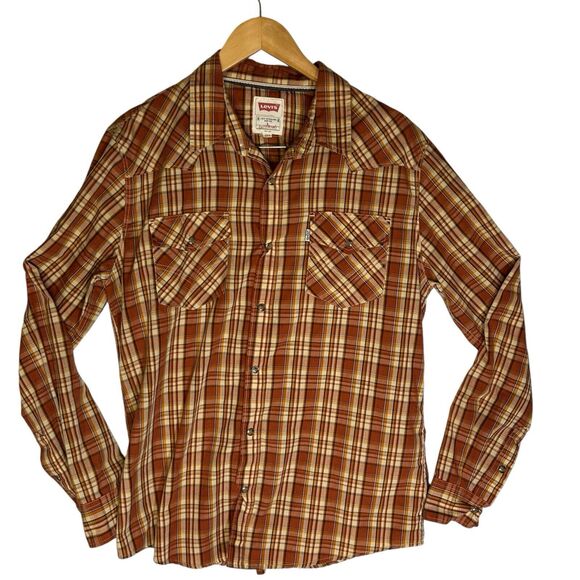Vintage Levi's Pearl Snap Plaid Western Long Sleeve Shirt Mens Size Large - Picture 1 of 7